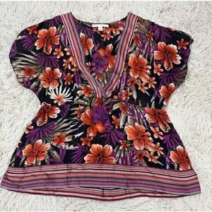 Orange, black, purple, tan and brown Hawaiian print floral blouse by JM collecti